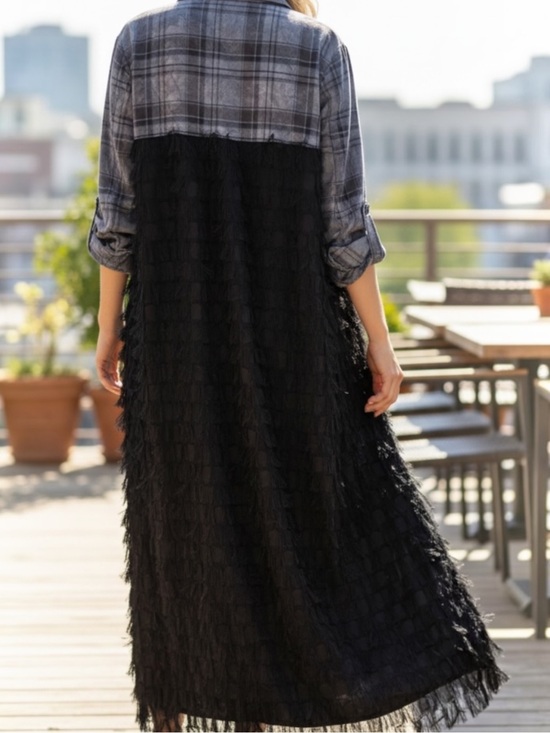 Jackets & Blazers - Plaid Linen Fringed Tab Sleeve Jacket Hi/Lo Lagenlook Western Boho L/XL